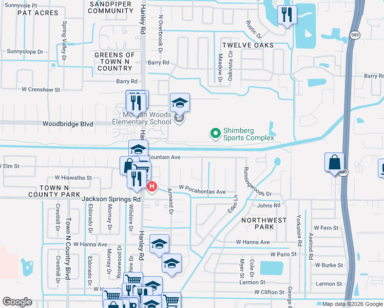 map of restaurants, bars, coffee shops, grocery stores, and more near 7007 Fountain Avenue in Tampa