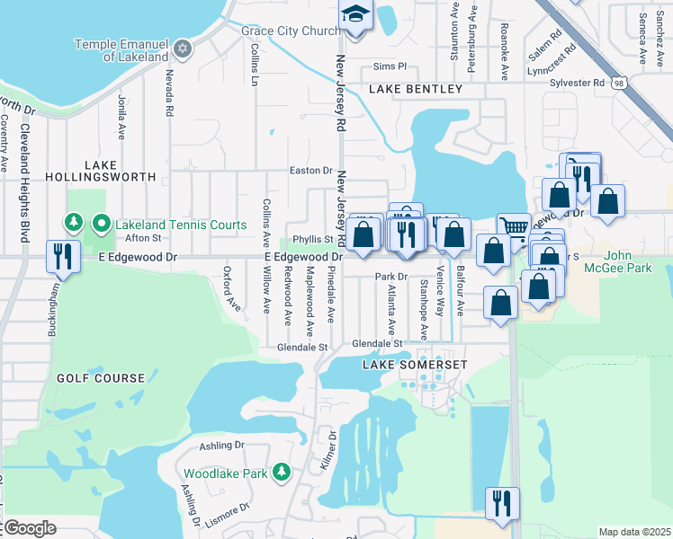 map of restaurants, bars, coffee shops, grocery stores, and more near 2905 Pinedale Avenue in Lakeland
