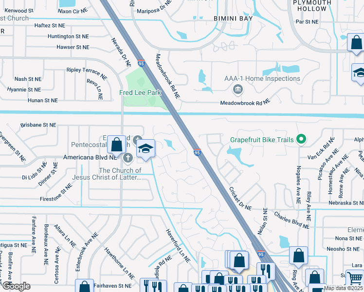 map of restaurants, bars, coffee shops, grocery stores, and more near 307 Holiday Park Boulevard Northeast in Palm Bay