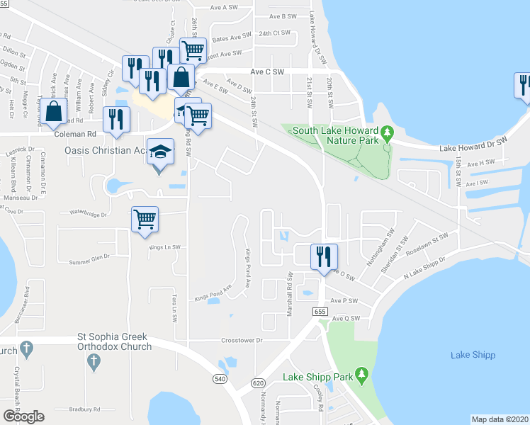 map of restaurants, bars, coffee shops, grocery stores, and more near 1067 Sunshine Way Southwest in Winter Haven
