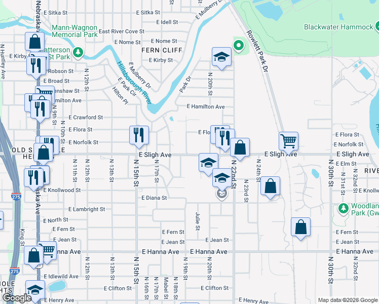 map of restaurants, bars, coffee shops, grocery stores, and more near 6901 North 19th Street in Tampa