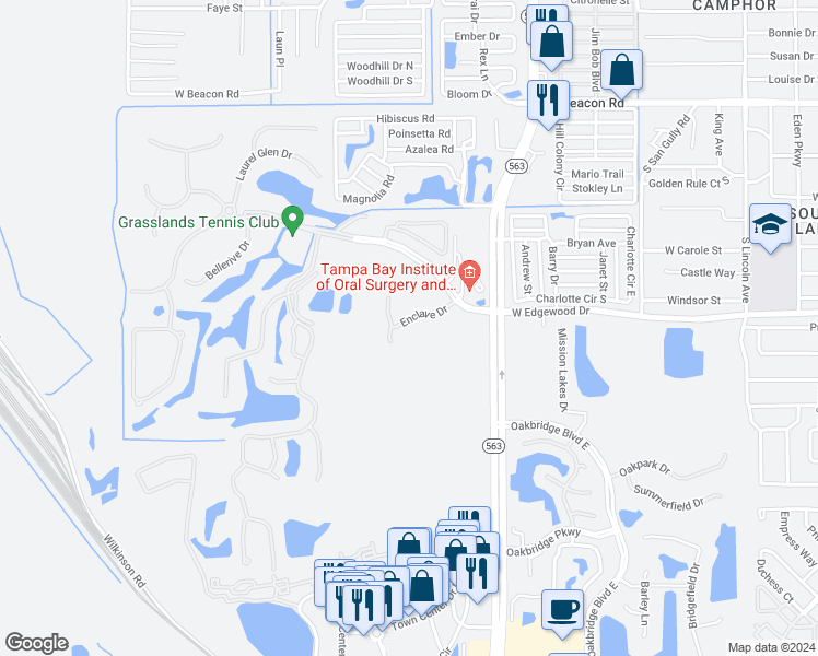 map of restaurants, bars, coffee shops, grocery stores, and more near 372 Enclave Drive in Lakeland