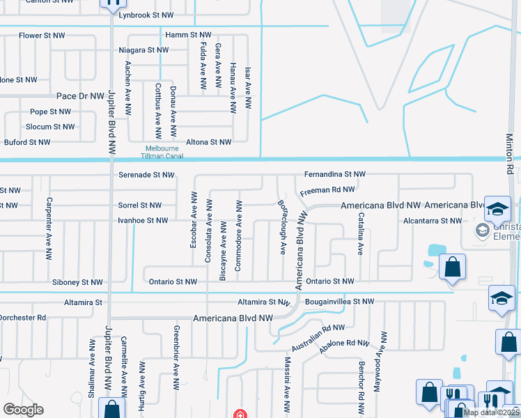 map of restaurants, bars, coffee shops, grocery stores, and more near 661 Estaugh Street Northwest in Palm Bay