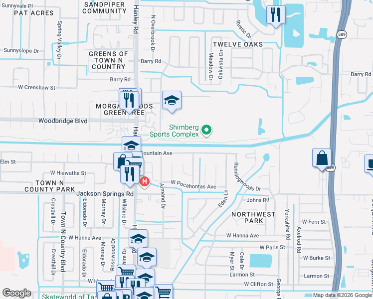 map of restaurants, bars, coffee shops, grocery stores, and more near 7007 Fountain Avenue in Tampa