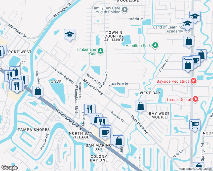 map of restaurants, bars, coffee shops, grocery stores, and more near 10101 Missy Court in Tampa