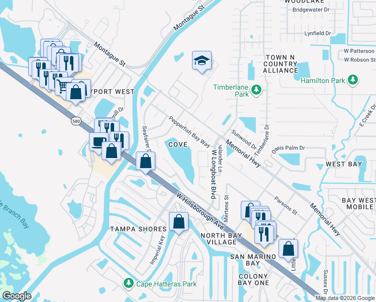 map of restaurants, bars, coffee shops, grocery stores, and more near 6702 Longpointe Way in Tampa