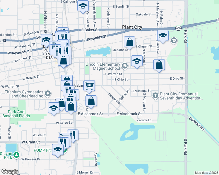 map of restaurants, bars, coffee shops, grocery stores, and more near 603 Spruce Street in Plant City