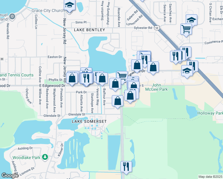 map of restaurants, bars, coffee shops, grocery stores, and more near 1925 East Edgewood Drive in Lakeland