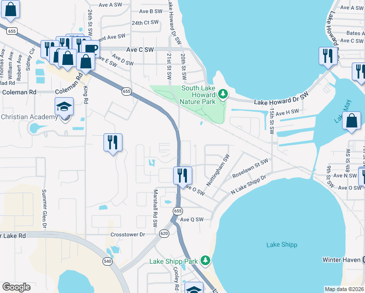 map of restaurants, bars, coffee shops, grocery stores, and more near 2009 Recker Highway in Winter Haven