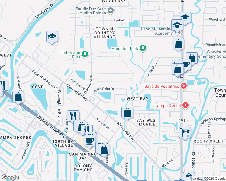 map of restaurants, bars, coffee shops, grocery stores, and more near 10255 Oasis Palm Drive in Tampa