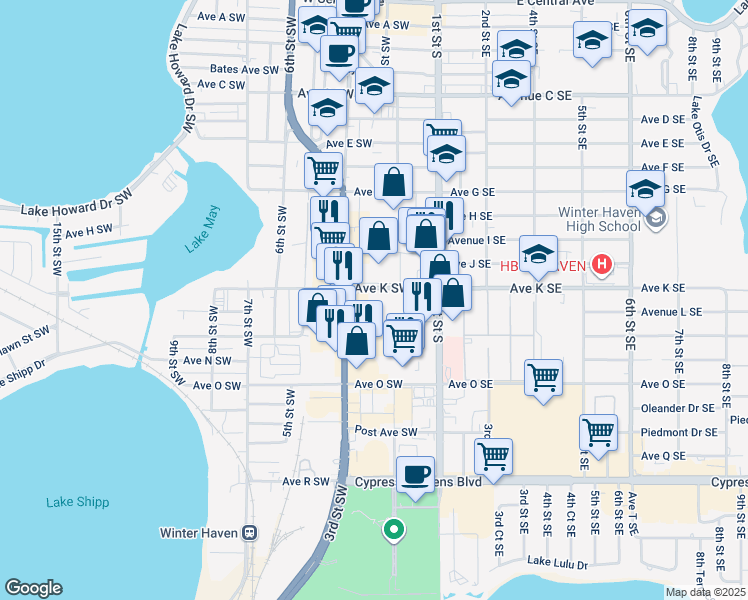 map of restaurants, bars, coffee shops, grocery stores, and more near 250 Avenue K Southwest in Winter Haven