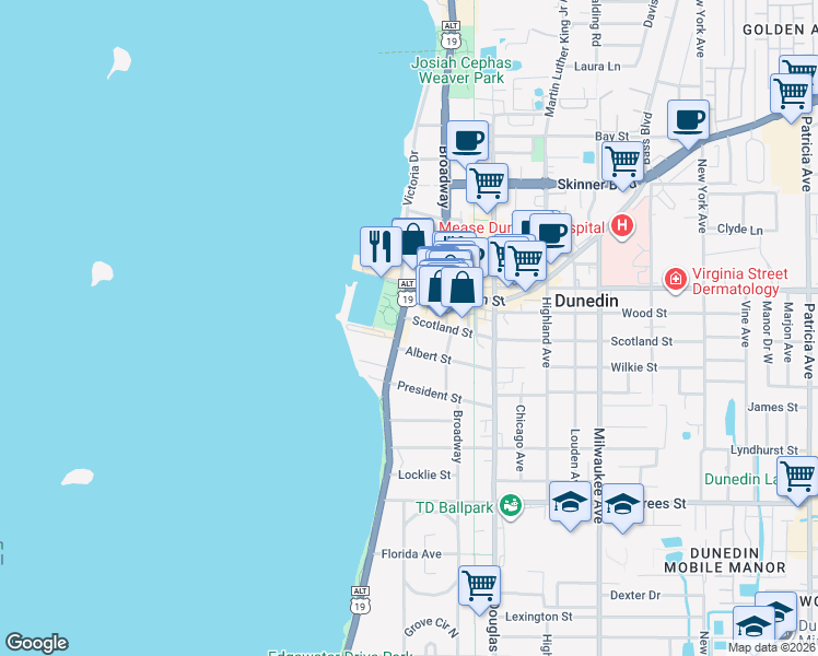 map of restaurants, bars, coffee shops, grocery stores, and more near 209 Scotland Street in Dunedin