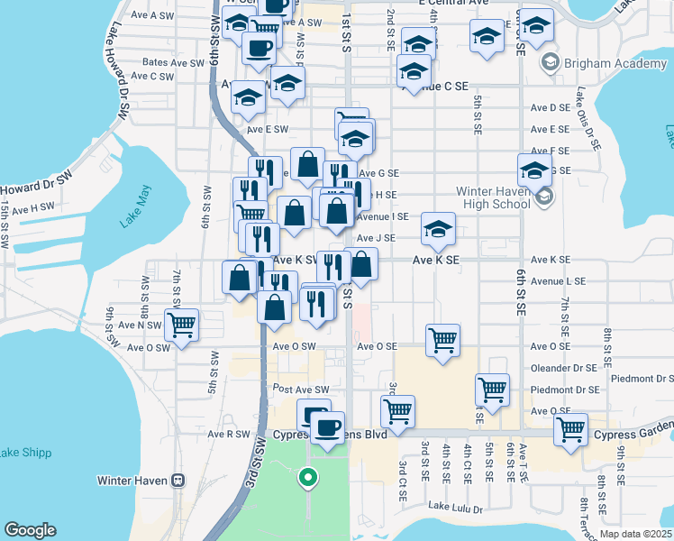 map of restaurants, bars, coffee shops, grocery stores, and more near 1101 1st Street South in Winter Haven