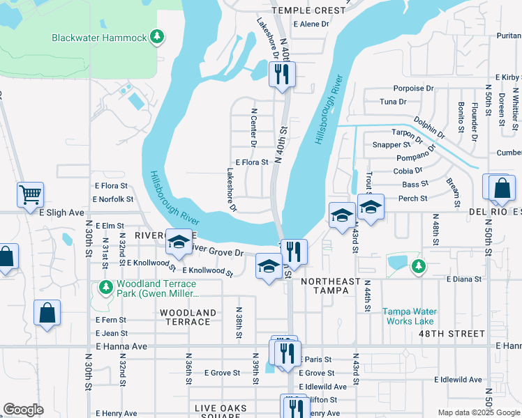 map of restaurants, bars, coffee shops, grocery stores, and more near 3820 Lakeshore Drive in Tampa