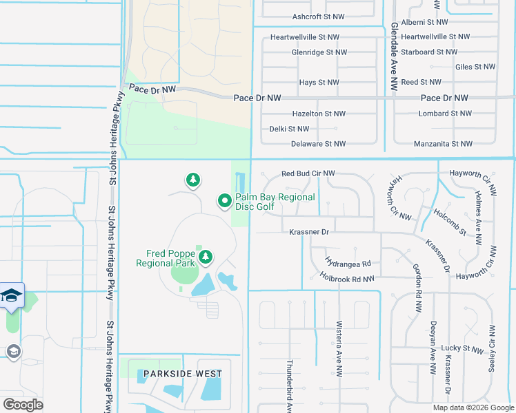 map of restaurants, bars, coffee shops, grocery stores, and more near 1883 Red Bud Circle Northwest in Palm Bay