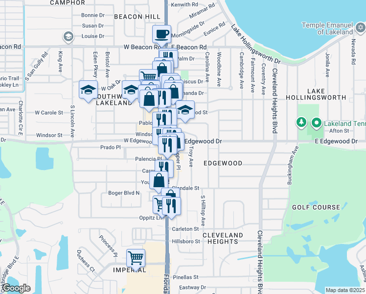 map of restaurants, bars, coffee shops, grocery stores, and more near 145 East Edgewood Drive in Lakeland