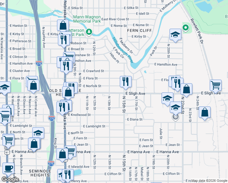 map of restaurants, bars, coffee shops, grocery stores, and more near 1308 East Sligh Avenue in Tampa
