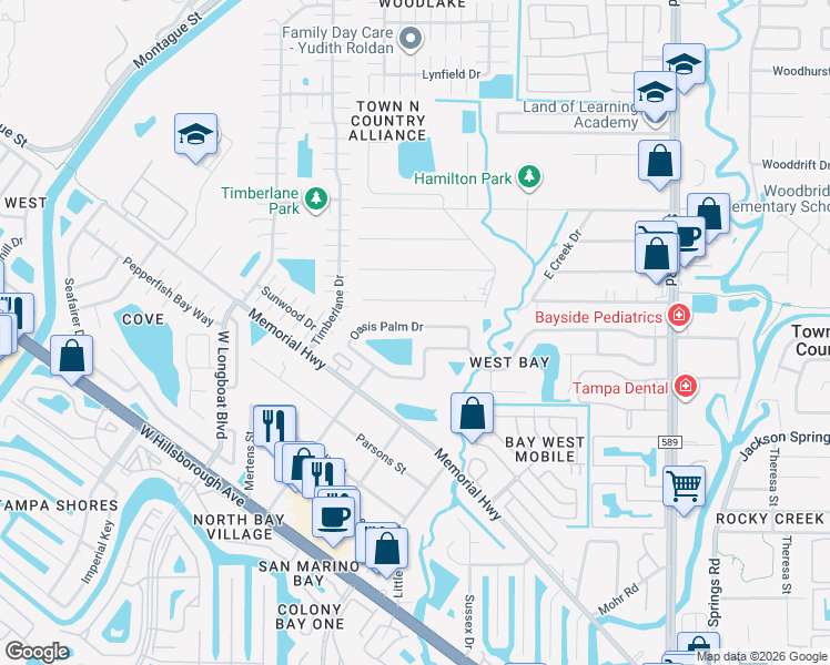 map of restaurants, bars, coffee shops, grocery stores, and more near 10255 Oasis Palm Drive in Tampa