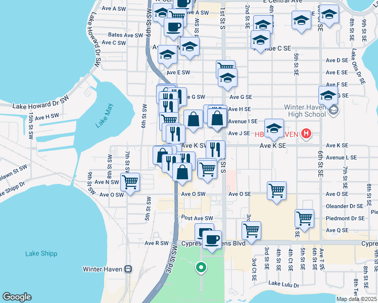 map of restaurants, bars, coffee shops, grocery stores, and more near 250 Avenue K Southwest in Winter Haven