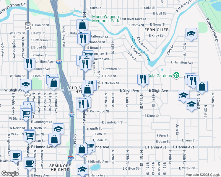 map of restaurants, bars, coffee shops, grocery stores, and more near 1108 East Sligh Avenue in Tampa