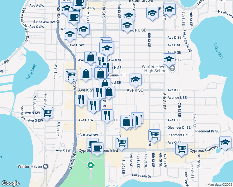map of restaurants, bars, coffee shops, grocery stores, and more near 200 Avenue K Southeast in Winter Haven