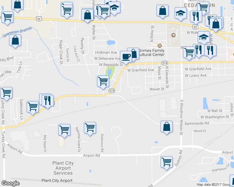 map of restaurants, bars, coffee shops, grocery stores, and more near 14 Euclid Drive in Plant City