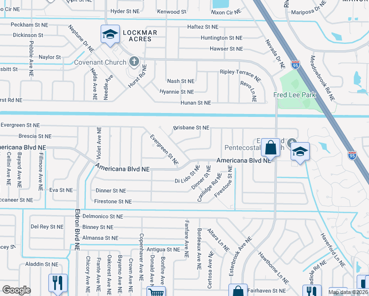 map of restaurants, bars, coffee shops, grocery stores, and more near 705 Antilles Road Northeast in Palm Bay