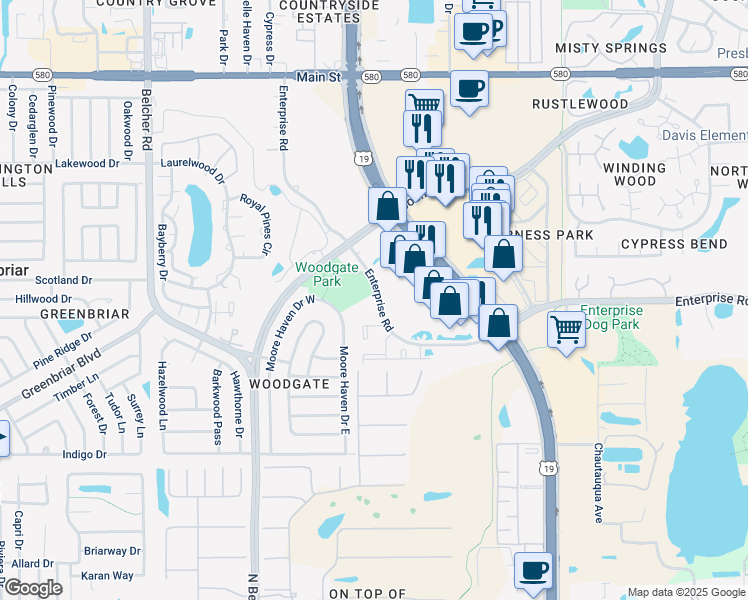 map of restaurants, bars, coffee shops, grocery stores, and more near 2488 Enterprise Road in Clearwater