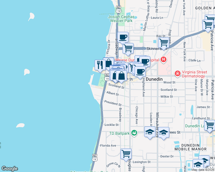 map of restaurants, bars, coffee shops, grocery stores, and more near 209 Scotland Street in Dunedin
