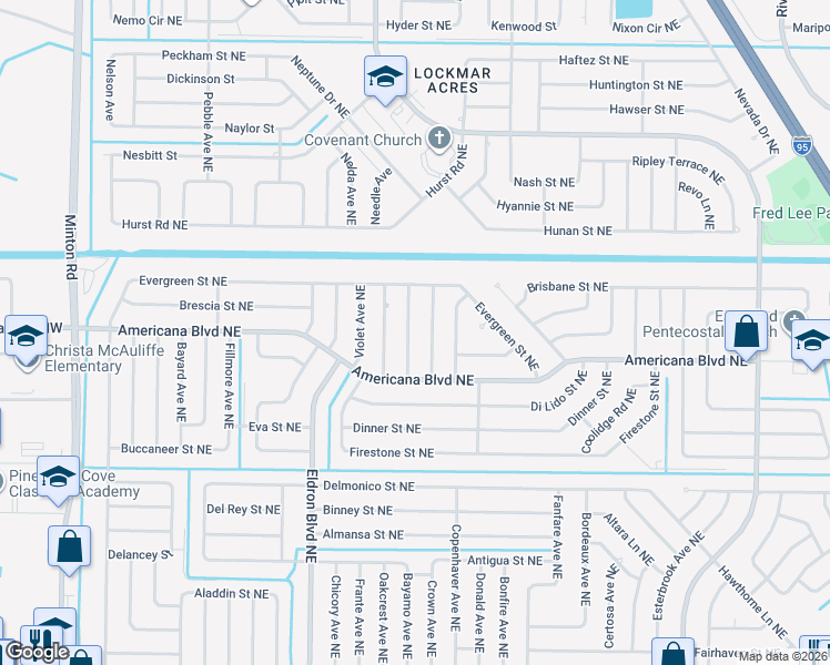 map of restaurants, bars, coffee shops, grocery stores, and more near 549 Burlington Avenue Northeast in Palm Bay
