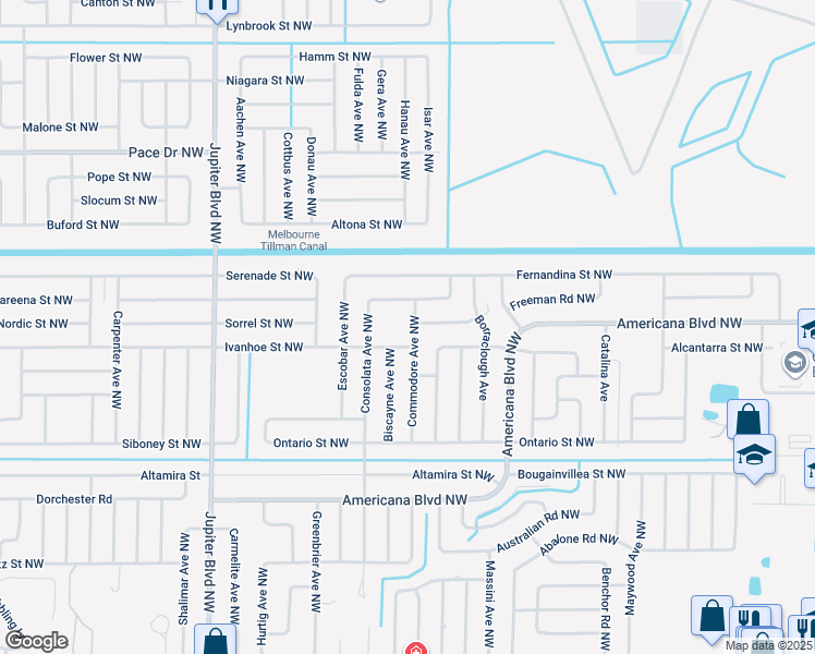 map of restaurants, bars, coffee shops, grocery stores, and more near 542 Commodore Avenue Northwest in Palm Bay