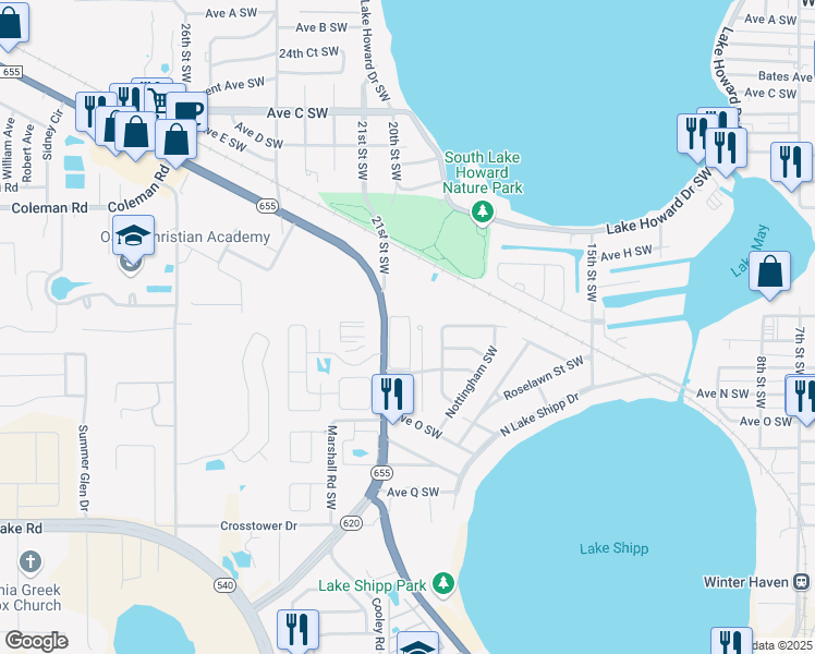 map of restaurants, bars, coffee shops, grocery stores, and more near 2048 Kings Crossing Southwest in Winter Haven