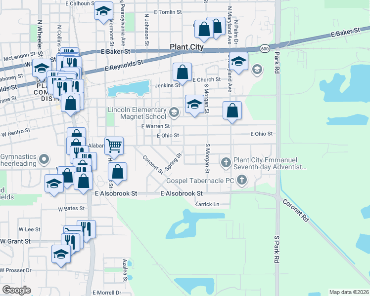 map of restaurants, bars, coffee shops, grocery stores, and more near 1301 East Alabama Street in Plant City