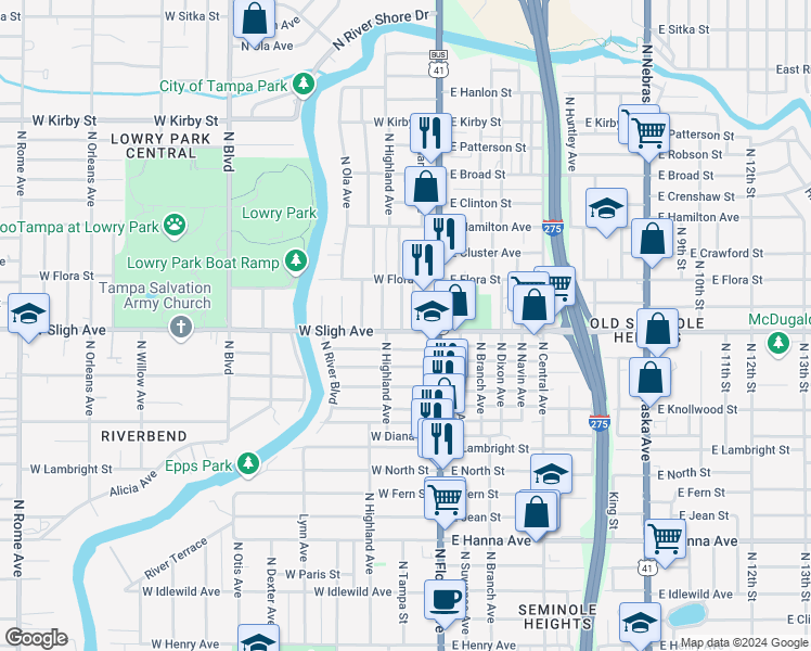 map of restaurants, bars, coffee shops, grocery stores, and more near 117 West Sligh Avenue in Tampa