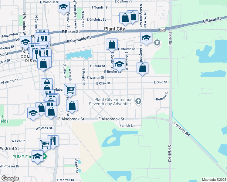 map of restaurants, bars, coffee shops, grocery stores, and more near 1301 East Alabama Street in Plant City