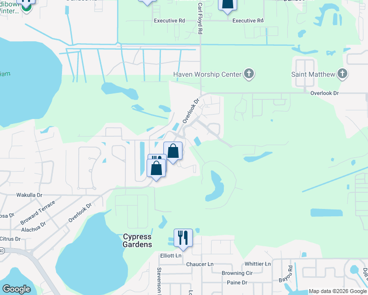 map of restaurants, bars, coffee shops, grocery stores, and more near 401 El Camino Drive in Cypress Gardens