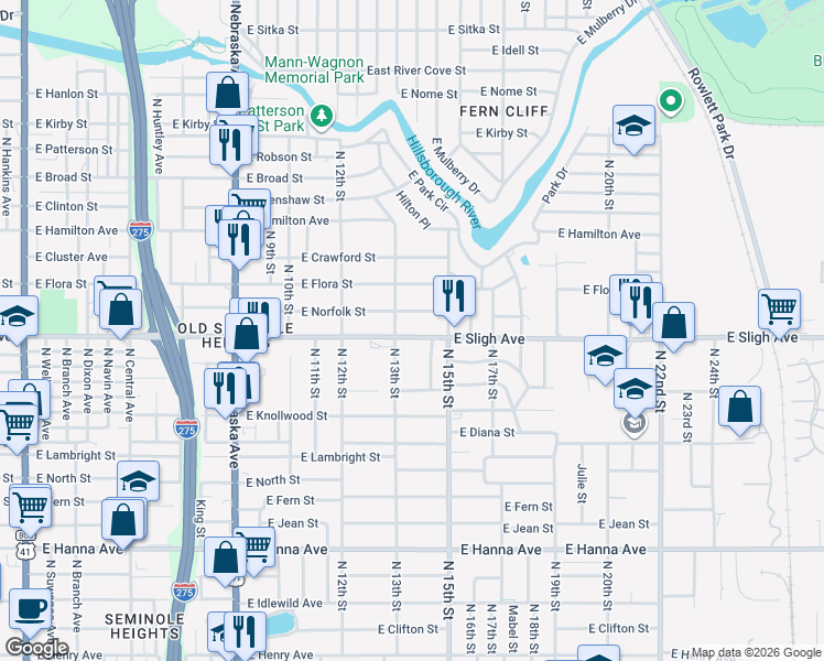 map of restaurants, bars, coffee shops, grocery stores, and more near 1308 East Sligh Avenue in Tampa