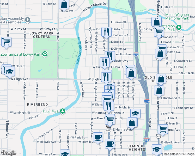 map of restaurants, bars, coffee shops, grocery stores, and more near 117 West Sligh Avenue in Tampa