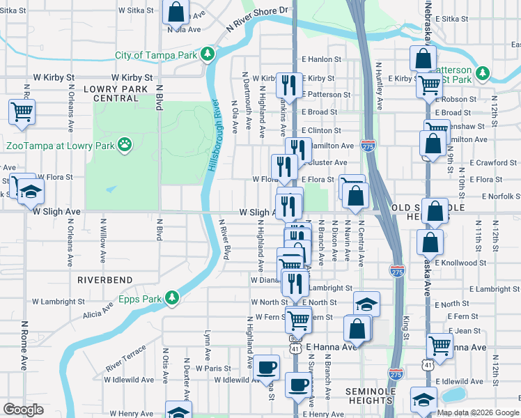 map of restaurants, bars, coffee shops, grocery stores, and more near 6900-6902 North Duncan Avenue in Tampa