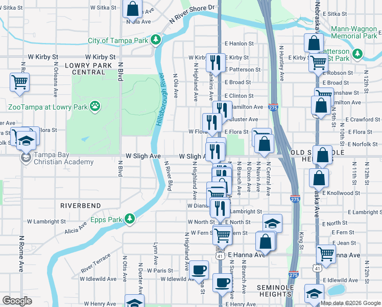 map of restaurants, bars, coffee shops, grocery stores, and more near 6903 North Lynn Avenue in Tampa