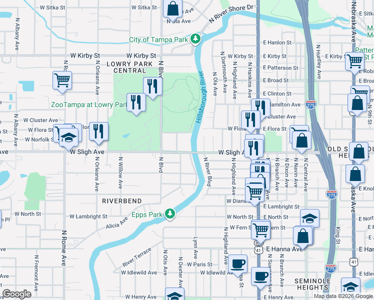 map of restaurants, bars, coffee shops, grocery stores, and more near 703 West Sligh Avenue in Tampa