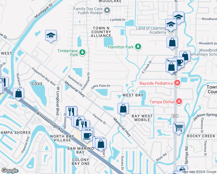 map of restaurants, bars, coffee shops, grocery stores, and more near 10255 Oasis Palm Drive in Tampa