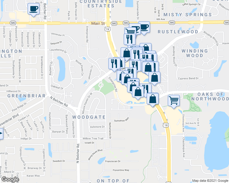 map of restaurants, bars, coffee shops, grocery stores, and more near 2488 Enterprise Road in Clearwater