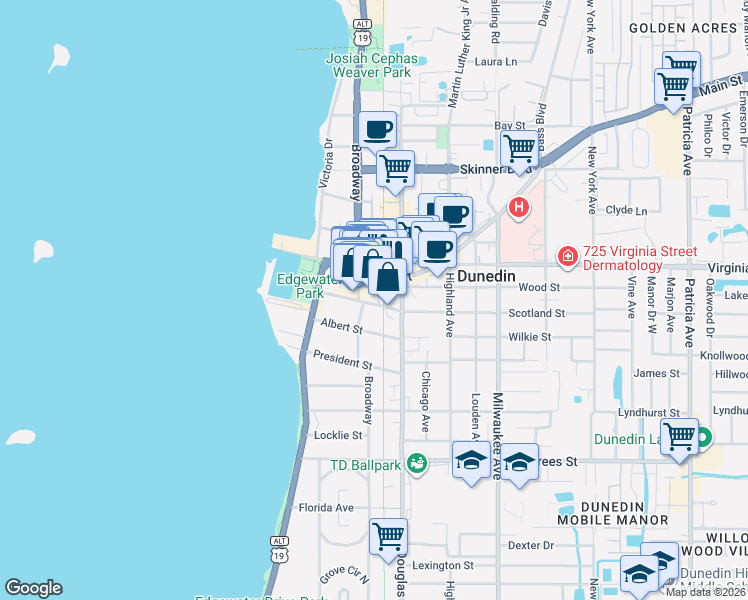 map of restaurants, bars, coffee shops, grocery stores, and more near 719 Broadway in Dunedin