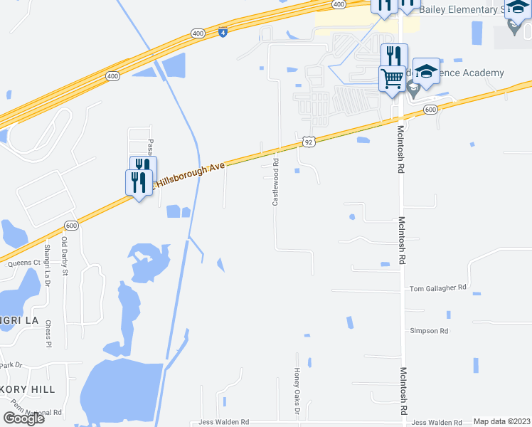 map of restaurants, bars, coffee shops, grocery stores, and more near 4102 Castlewood Road in Seffner