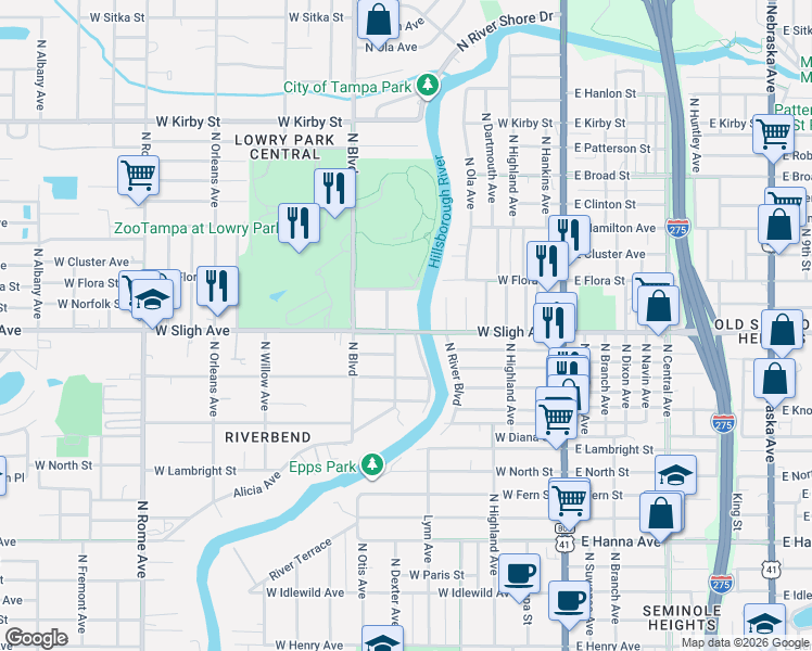 map of restaurants, bars, coffee shops, grocery stores, and more near 703 West Sligh Avenue in Tampa