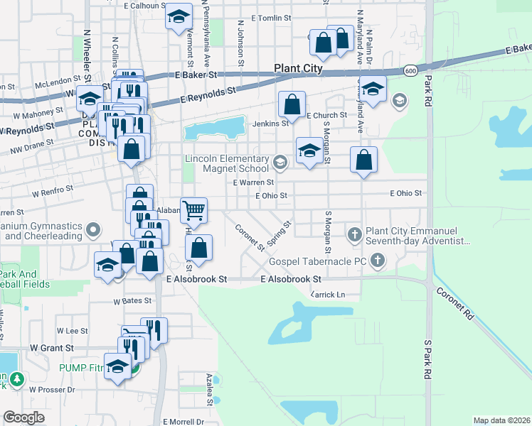 map of restaurants, bars, coffee shops, grocery stores, and more near 1105 East Alabama Street in Plant City