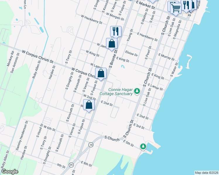 map of restaurants, bars, coffee shops, grocery stores, and more near 1425 Young Street in Rockport