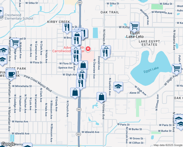 map of restaurants, bars, coffee shops, grocery stores, and more near 3619 West Sligh Avenue in Tampa