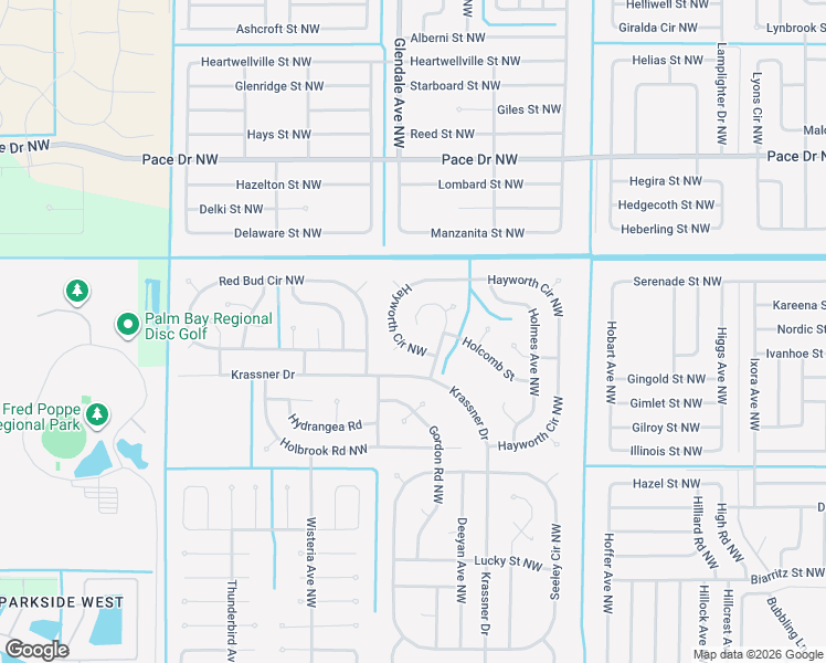 map of restaurants, bars, coffee shops, grocery stores, and more near 591 Dixon Road Northwest in Palm Bay